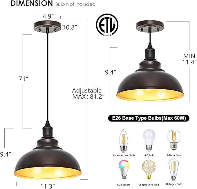 2 Pack Bronze Pendant Lights Kitchen Island Industrial Adjustable Hanging Barn Light Fixtures