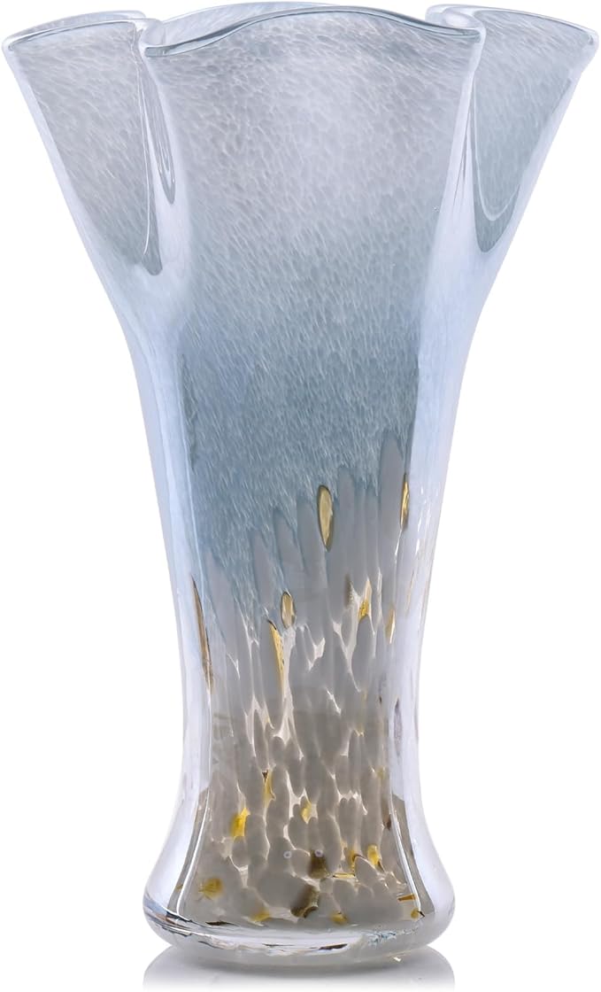 9.0"H Blue Glass Vases for Flowers, Unique Hand Blown Glass Vase Blue White Home Decor, Wide Mouth Colorful Flower Vase Centerpieces, For Living Room Table Bookshelf, Bathroom Office Shelf Decorative