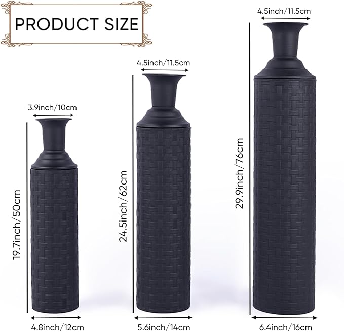 Tall Floor Vase Set of 3 Large Black Vase Tall Vases for Floor Vases Home Decor Large for Pampas Grass, Metal Material, Handcrafted Rattan Pattern, Matte Black
