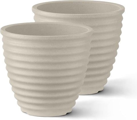ARBORA 13" Ibiza Polyresin Indoor and Outdoor Planter with Classic Cream Finish - Durable, Weatherproof, Lightweight, Large Plant Pot for Patio, Garden, Deck, Entryway - 2 Pack