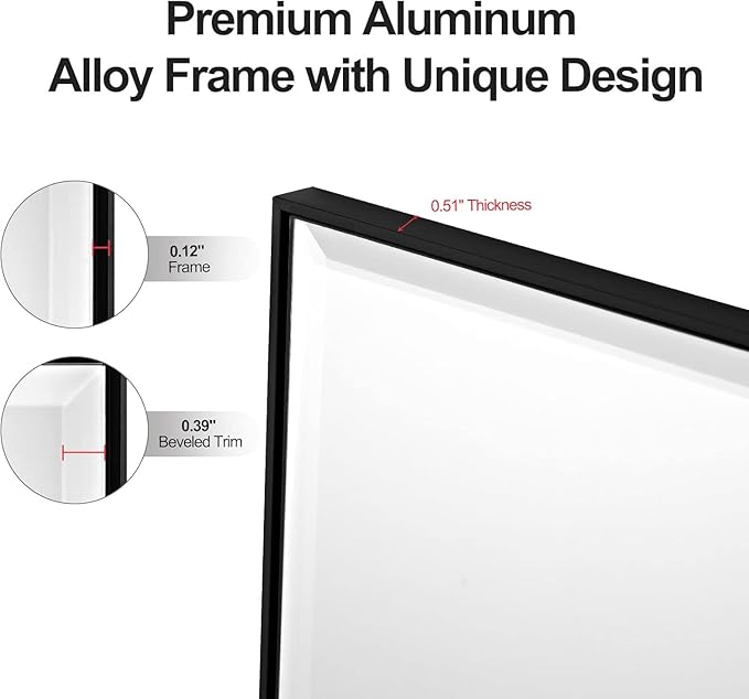 24x32 Inch Black Mirror with Beveled Trim, Aluminum Frame Bathroom Vanity Mirror, Modern Rectangular Wall Mounted Mirror