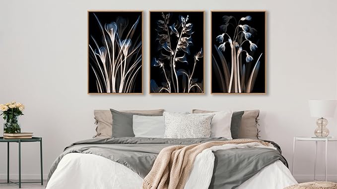 Large Modern Framed Wall Art - Natural Float Framed Blue Brown Flowers Black Canvas Pictures Decor Abstract Botanical Artwork for Living Room Bedroom Kitchen Home Office Decoration 60" X 28" Set of 3