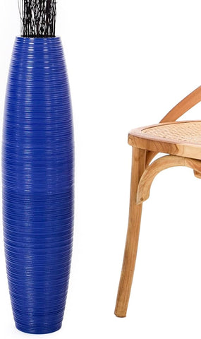 Leewadee Large Blue Home Decor Floor Vase – Wooden 28 inches Tall Farmhouse Decor Flower Holder for Fake Plant and Pampas Grass