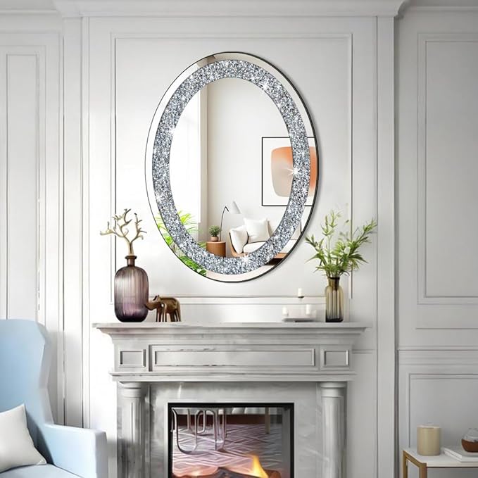 DMDFIRST Crystal Crushed Diamond Oval Shaped Silver Mirror Glam Bling for Wall Decoration 24x32x0.9inch Frameless Wall Hang Sparkly Glass Mirror Stunning Stylish Fashion Home Decor Decorative Mirror