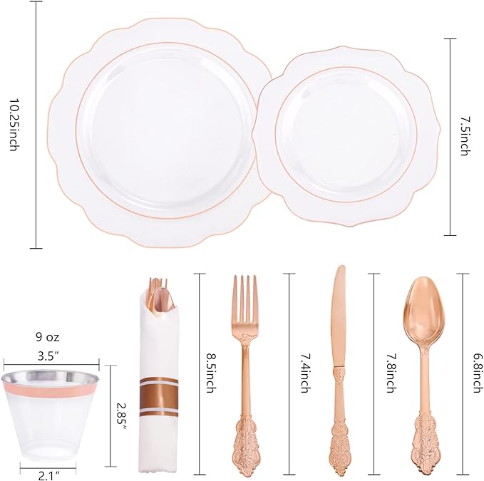 NOCCUR 350PCS Rose Gold Plastic Plates - Clear Rose Gold Disposable Dinnerware Set - Include 100 Dinner/Dessert Plates,50 Cups,50 Pre Rolled Napkins with Cutlery Set - Ideal for Party&Wedding
