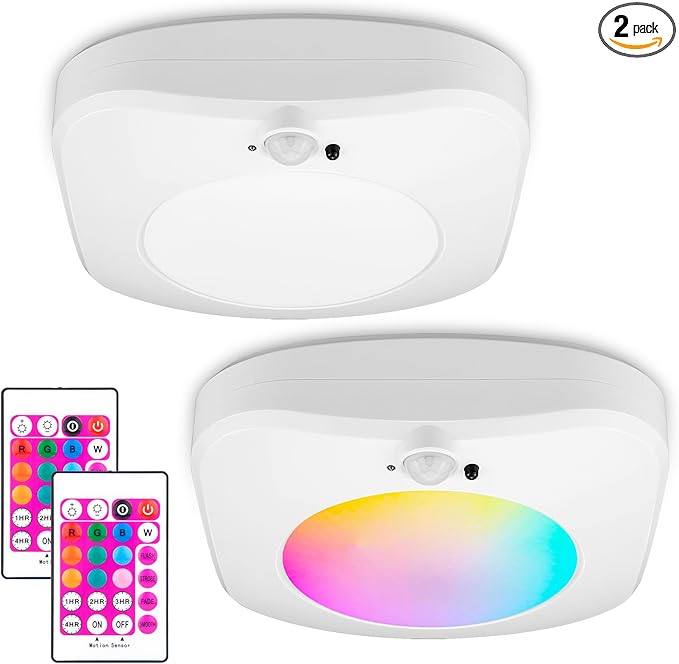 LUXSWAY LED Motion Sensor Ceiling Light Shower Light Battery Operated with Remote Control 10 Color Changing,Wireless Shower Accessories Motion Activated Light Indoor Outdoor for Closet Hallway Pantry