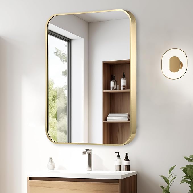 22x30 Inch Gold Bathroom Mirror, Brushed Brass Gold Metal Framed Rectangular Mirror with Rounded Corner, Bathroom Vanity Mirror for Bedroom or Living Room, Horizontal/Vertical