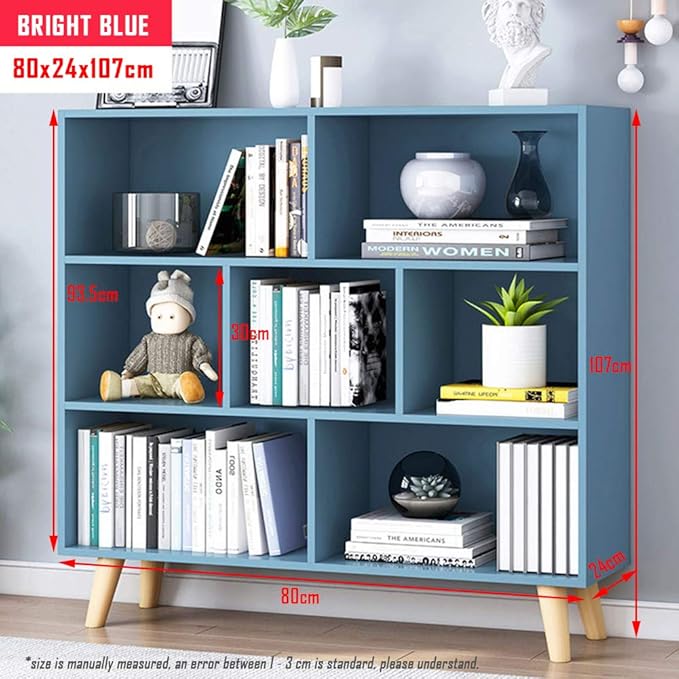 IOTXY Wooden Open Shelf Bookcase - 3-Tier Floor Standing Display Cabinet Rack with Legs, 7 Cubes Bookshelf, Bright Blue