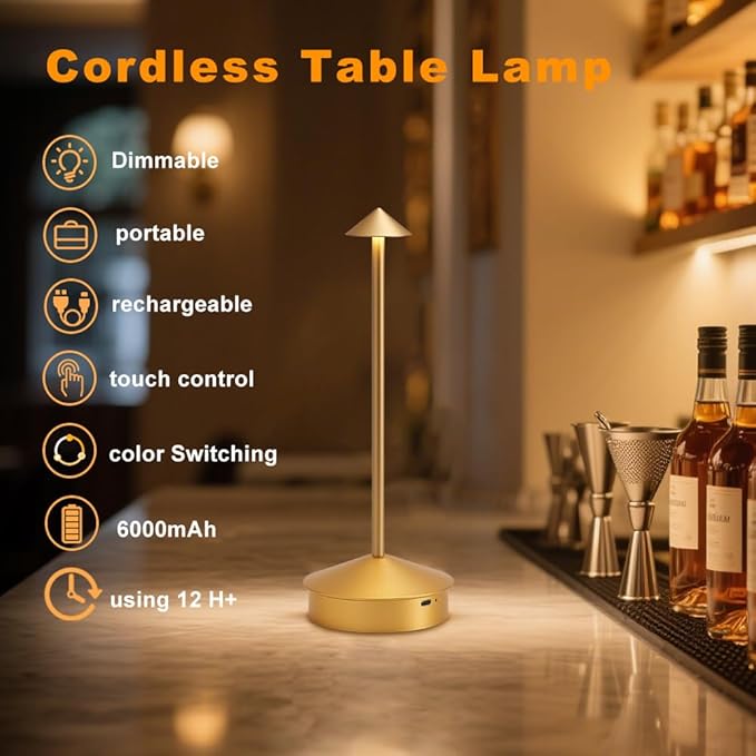 Modern Cordless Table Lamp Set of 2, Portable LED Desk Lamps, 6000mAh Rechargeable Battery Operated Lighting for Bedroom Dining Room Restaurant Coffee Shop Camping Night Light (Gold)