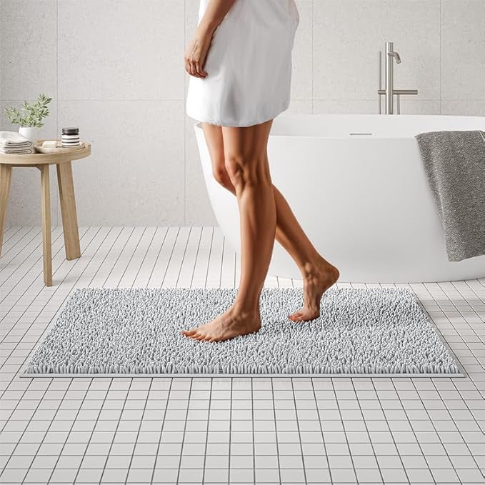 MAYSHINE Plush Shaggy Chenille Bath Mat | Extra Soft, Super Absorbent, Non-Slip Bathroom Rug | Fluffy Microfiber, Area Rug Sets for Bathroom Floor, Kitchen, Living Room | 47"x27" | White