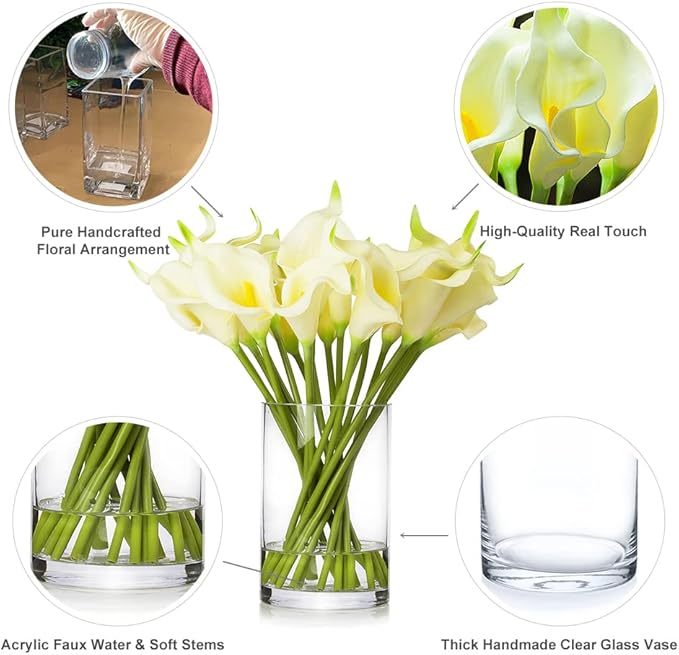 ENOVA FLORAL 20 Pieces Real Touch Calla Lilies Artificial Flowers with Vase, Faux Flowers Arrangement in Glass Vase with Faux Water for Tabletop Decor (Ivory)