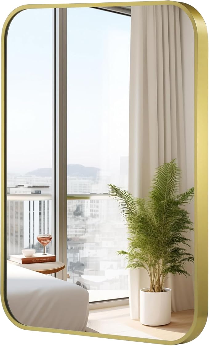 48x30 Inch Gold Mirror, Framed Rectangle Mirror with Rounded Corner, Brushed Brass Mirror, Gold Bathroom Mirror for Over Sink, Vanity, Living Room, Bedroom, Horizontal/Vertical