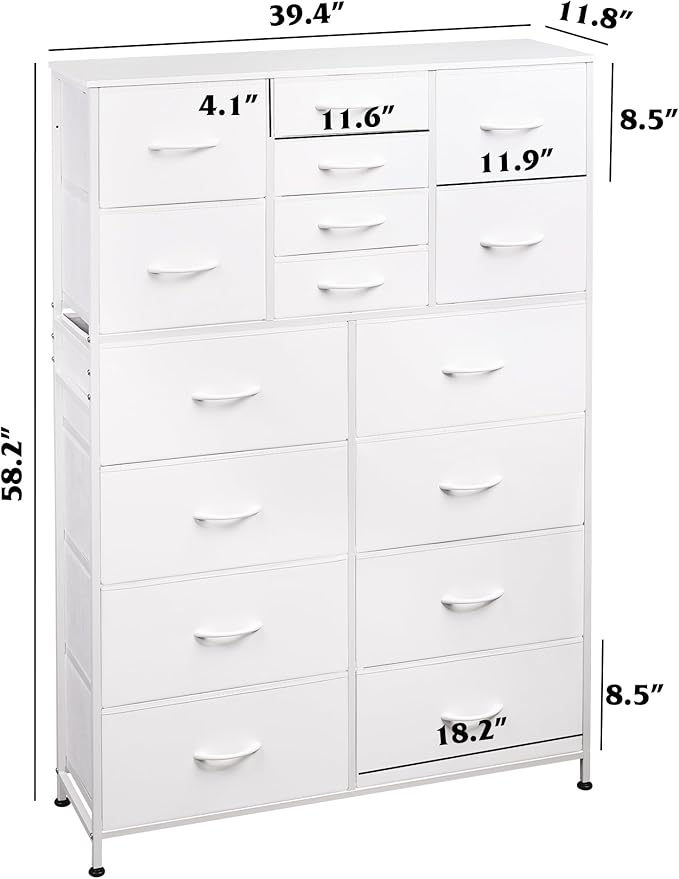 WLIVE Tall Console Table with 16 Fabric Drawers, Entryway Table with Storage, Large Storage Organizer with Wood Top, Steel Frame for Living Room, Hallway, Office, White