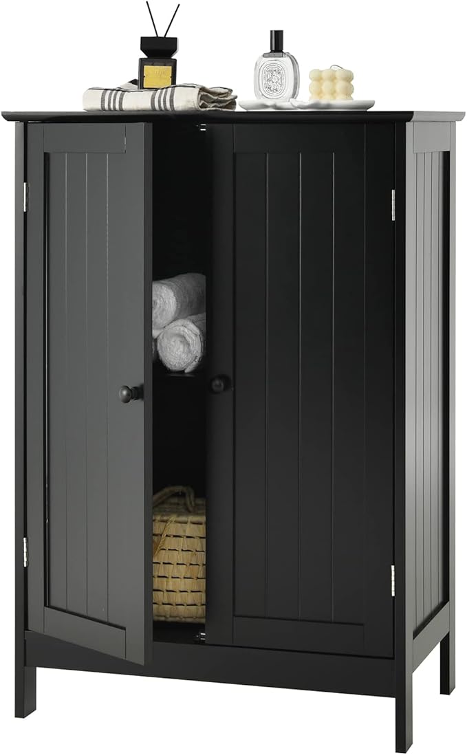 GLACER Bathroom Floor Cabinet, Wooden Storage Cabinet with Double Doors, Suitable for Bathroom, Living Room, Entryway, 23.5 x 14 x 34 inches (Black)