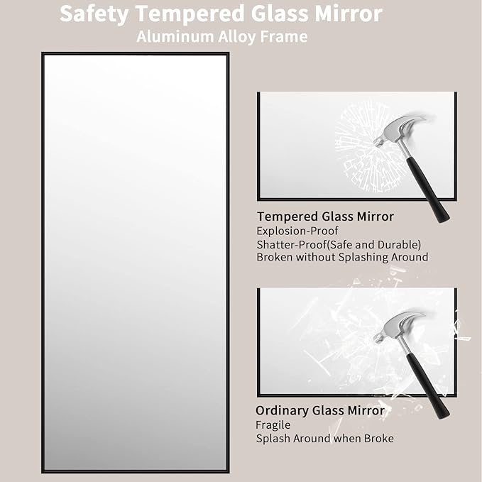LOAAO 72"X32" Black Rectangle Bathroom Mirror Wall, Matte Black Aluminum Alloy Frame, Tempered Glass, Hangs Vertically or Horizontally, Easy to Install