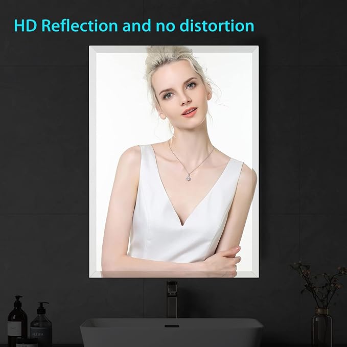 KOHROS Bathroom Mirror 20” x 28" Frameless Rectangle Bathroom Vanity Mirror w/Polished Edge Beveled Mirror for Hallway Entryway Dressing Room (Silver)
