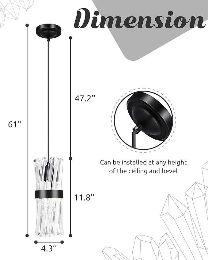 Ken & Ricky Crystal Pendant Light, Modern Black Pendant Light, Adjustable Island Lights for Kitchen Hallway Bathroom Bedroom, Two Style Options, KR3356-1PK