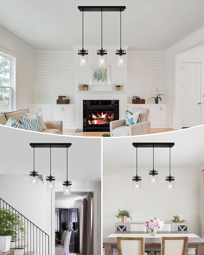 Kitchen Pendant Lighting Over Island Pendant Lights with Seeded Glass Shade Black 3 Pendant Lighting Adjustable Farmhouse Ceiling Light for Kitchen Island Dining Room Bedroom Living Room
