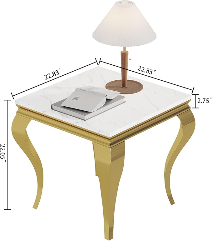 SSLine Modern White Faux Marble End Table Luxury Square Sofa Side Table with Gold Curved Legs Mid-Century Elegant Bedside Table w/Mirrored Stainless Steel Frame for Living Room Bedroom