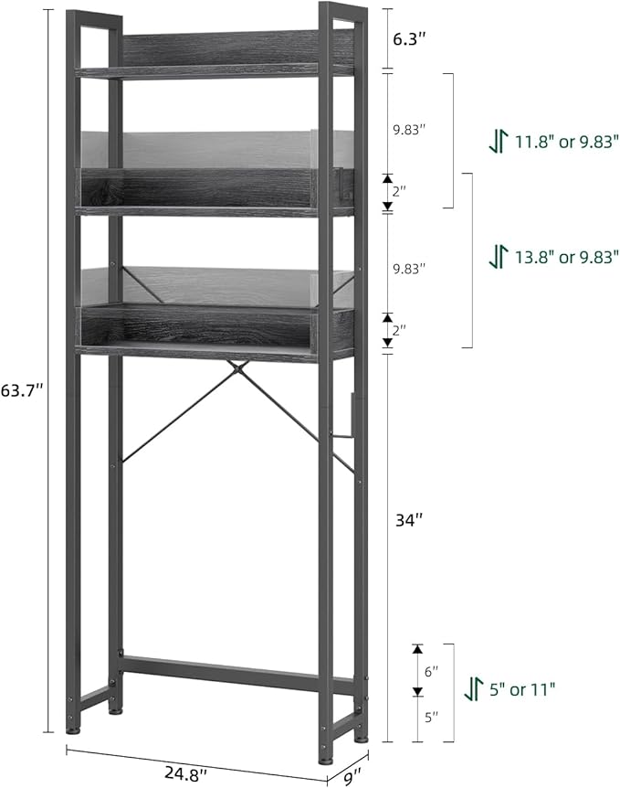 OTK Over-The-Toilet Storage, 3 Tier Bathroom Organizer Shelf, Freestanding Space Saver with Toilet Paper Holder, Multifunctional Over The Toilet Rack, Dark Grey