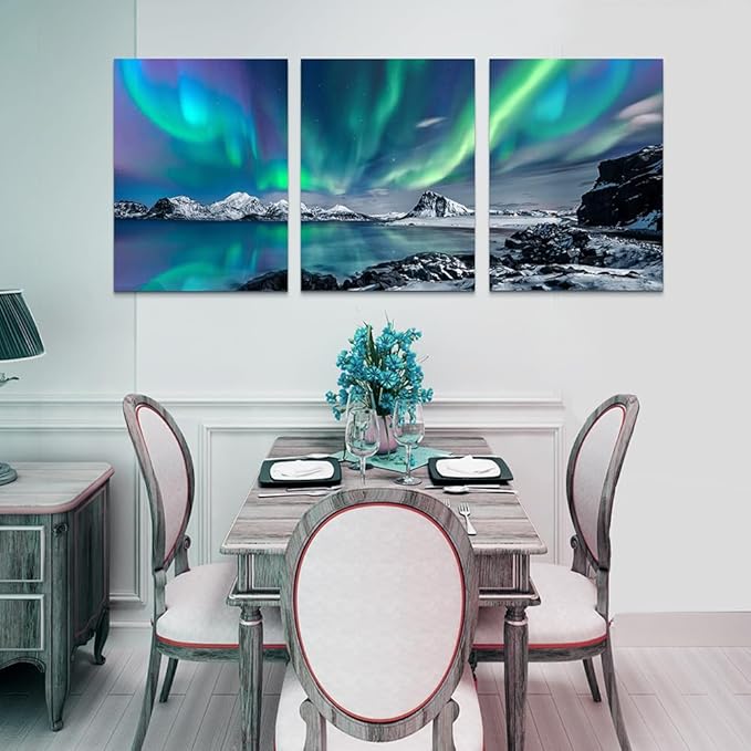 DZRWUBHS Canvas Wall Decorations For Living Room 3 Piece Stretched and Framed Canvas Paintings Office Wall Decor For Bedroom Bathroom Aurora Scenery Pictures Home Decor Print Artwork Ready To Hang