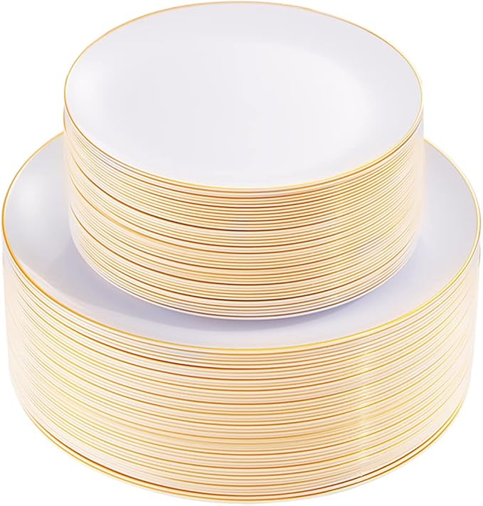 KIRE 100PCS Disposable Plates - White with Gold Rim for Party/Wedding - Includes 50Pieces 10.25inch Dinner and 50Pieces 7.5inch Dessert/Salad Plates