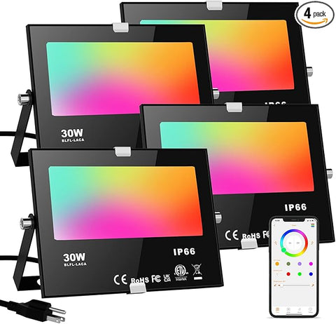 LED Flood Lights RGB Color Changing 300W Equivalent Outdoor, 30W Bluetooth Smart RGB Floodlight APP Control, IP66 Waterproof, Timing, 2700K&16 Million Colors 23 Modes for Garden Stage Lighting 4 Pack