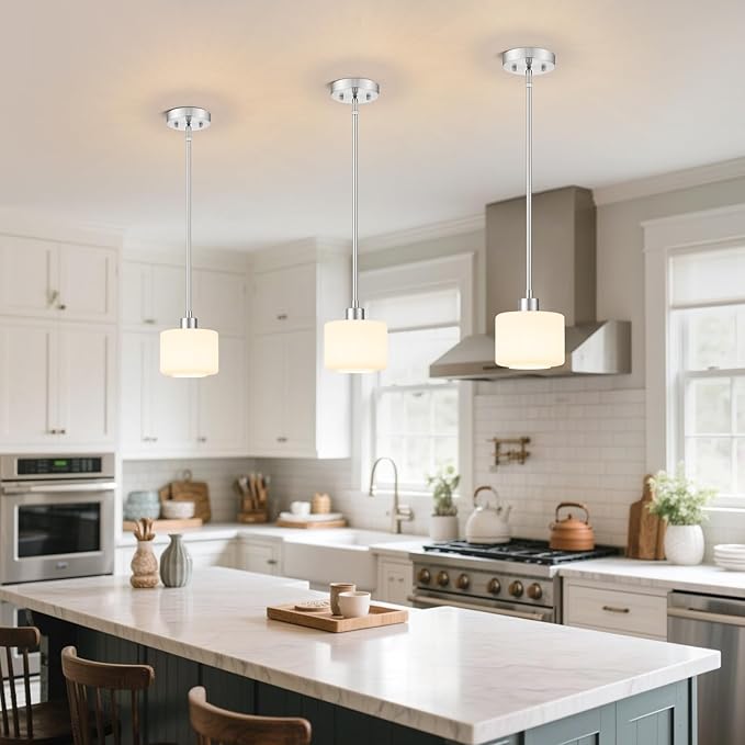 Brushed Nickel Pendant Lights Kitchen Island, 1-Light Modern Milk Glass Hanging Light Fixtures with Rods, Mini Kitchen Pendant Lighting Over Island for Sink Bathroom, OS-YQ8153-1PBN
