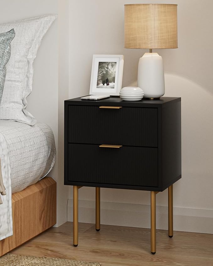 Nightstand,Morden Bedside Table with Gold Frame,Small White Night Stand,End Table,Bedside Furniture,Side Table with Drawer and Shelf for Bedroom,Living Room (2Drawers, Black)
