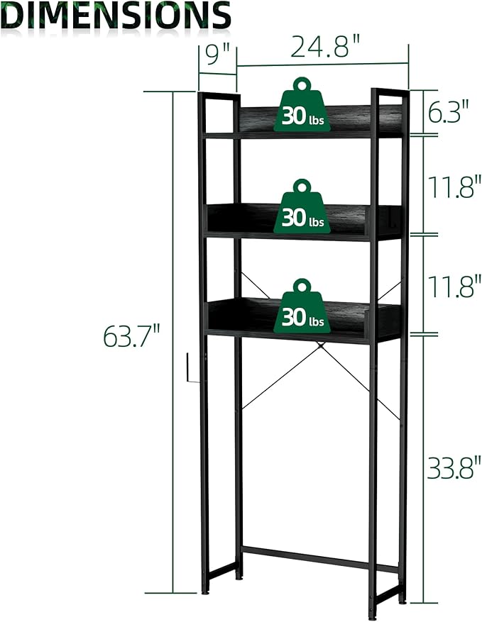 OTK Over-The-Toilet Storage, 3 Tier Bathroom Organizer Shelf, Freestanding Space Saver with Toilet Paper Holder, Multifunctional Over The Toilet Rack, Black