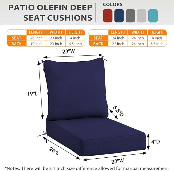 Sundale Outdoor Olefin Deep Seat Cushion, Patio Chair Cushion and Pillow, Water-Resistant Sectional Sofa Pad with Straps Navy Blue, 23 x 26 x 4 Inches