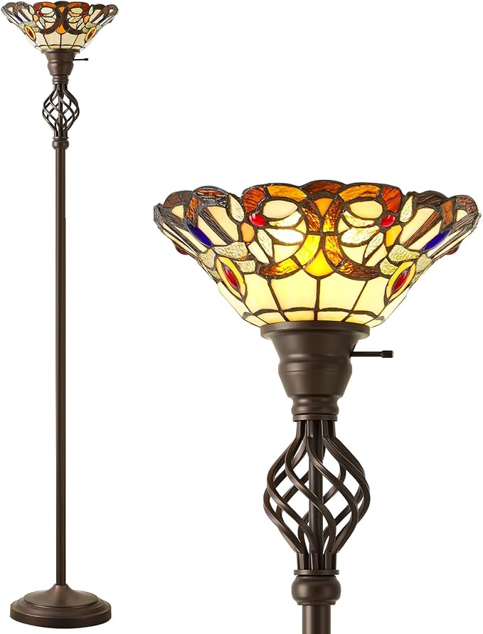 GyroVu Tiffany Floor Lamp, Torchiere Floor Lamps with Stained Glass, 71 Inch Tall Floor Standing Reading Light for Living Room Corner Bedroom Home Office, Bulbs Included