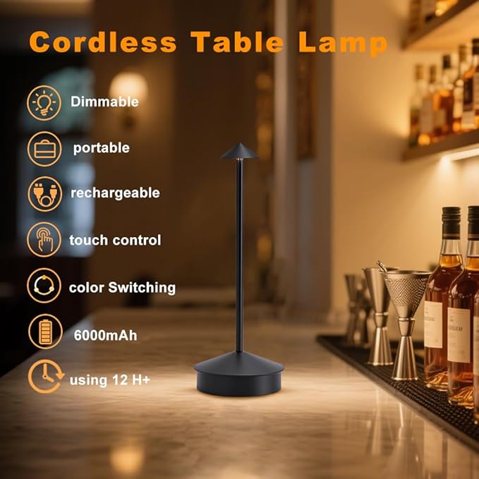 2 Pack Aluminum Cordless Table Lamps, 6000mAh Rechargeable Battery Operated Lamps, Portable Touch Lamp Outdoor Camping Lamp 3 Color Stepless Dimming Lamp for Restaurant/Patio/Dinning（Black）