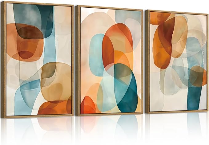 Large Abstract Color Block Framed Canvas Wall Art,Boho Orange and Blue Ovals Wall Decor,Modern Colorful Shape Artwork,Watercolor Geometric Art Print for Living Room,Bedroom,Office- 24"x36"x3