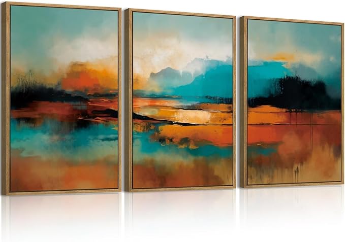 Large Abstract Burnt Orange Framed Canvas Wall Art,Neutral Blue and Black Wall Decor,Modern Brush Stroke Artwork,Minimalist Watercolor Art Print for Living Room,Bedroom,Office- 24"x36"x3