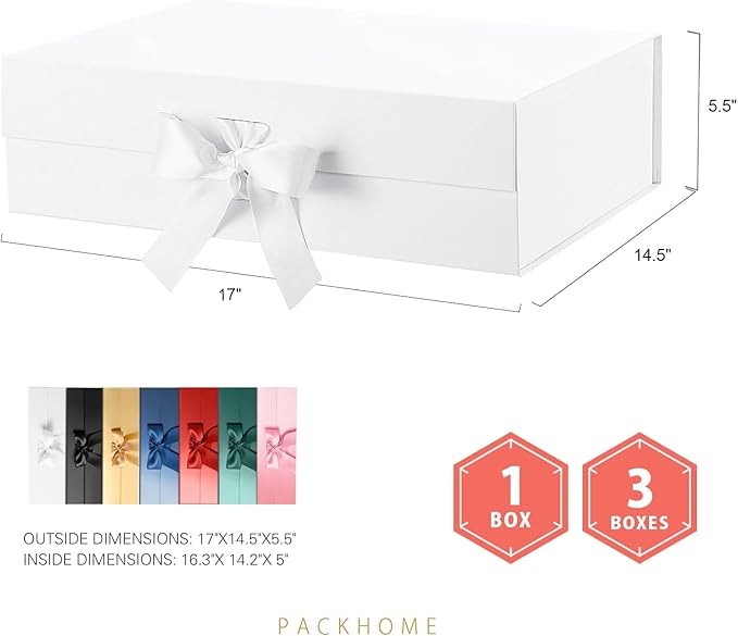 PACKHOME 17x14.5x5.5 Inches, Extra Large Gift Box with Lid, Magnetic Closure Boxes with Ribbon for Clothes and Large Gifts (Glossy White)