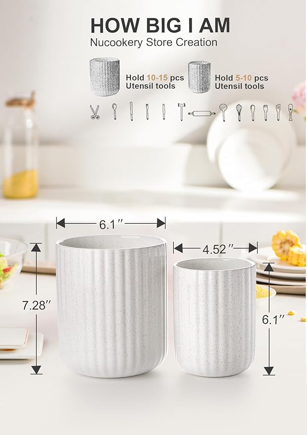 Nucookery Ceramic Utensil Holder Set for Kitchen Countertop, 7.2"+6.1" Large Cooking Utensil Crocks for Counter, Farmhouse Kitchen Decor, Set of 2 (Sand)
