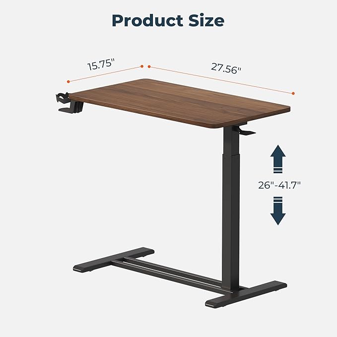 Medical Overbed Adjustable Bedside Table with Hidden Casters, Pneumatic Mobile Rolling Laptop Standing Desk with Tray for Home and Hospital Use, Mahogany
