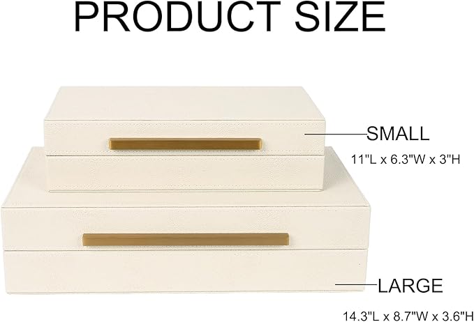 Beige Shagreen Decorative Storage Boxes – Set of 2 Faux Leather Jewelry & Memory Boxes with Gold Metal Handles, Nesting Photo Organizers for Home Decor, Gift, and Office Organization