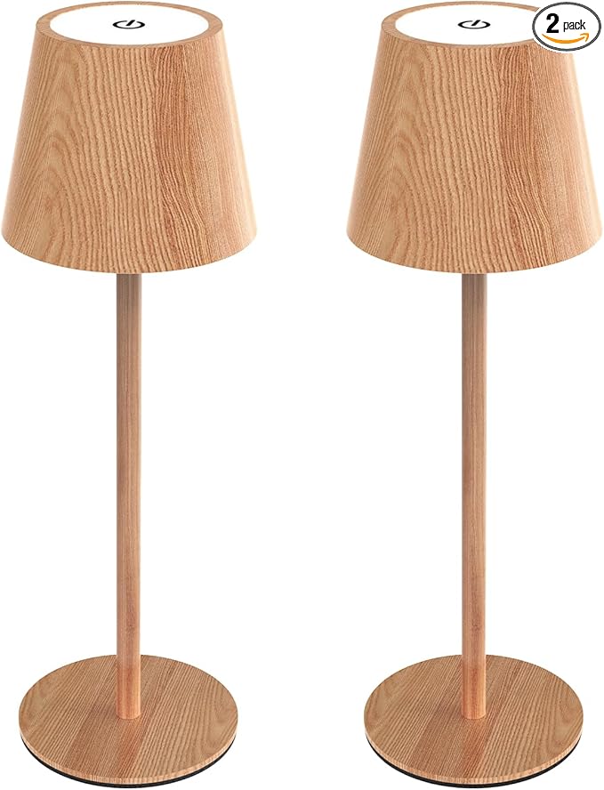 Maksone 2 Pack LED Cordless Table Lamp, 6600mWh Rechargeable Battery Desk Lamp, 3000K Stepless Dimming Night Light, IP54 Waterproof Metal Outdoor Portable Lamp for Bedroom, Restaurant(Wood Grain)
