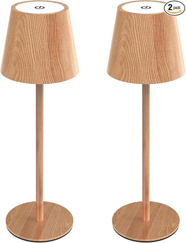 Maksone 2 Pack LED Cordless Table Lamp, 6600mWh Rechargeable Battery Desk Lamp, 3000K Stepless Dimming Night Light, IP54 Waterproof Metal Outdoor Portable Lamp for Bedroom, Restaurant(Wood Grain)