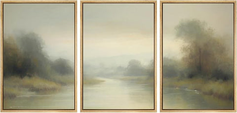 SIGNWIN Framed Wall Art Print Set Misty River Landscape Soft Neutral Nature Scene Photography Modern Art Closeup Relax/Calm Dark for Living Room, Bedroom, Office - 24"x36"x3 Natural