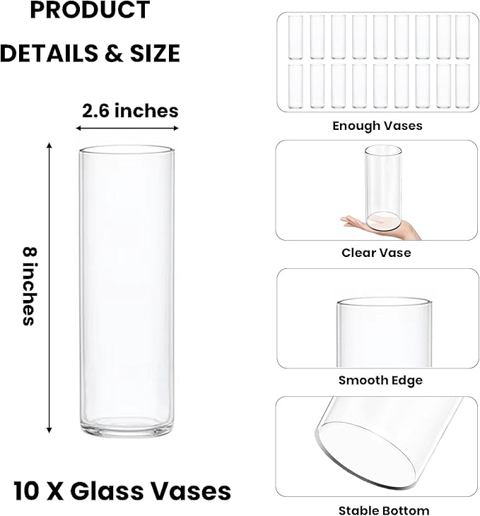10 Pack Glass Vases for Centerpieces, 8 Inch Tall Small Clear Glass Flower Vase Cylinder Vases for Centerpieces Wedding Home Table Decor