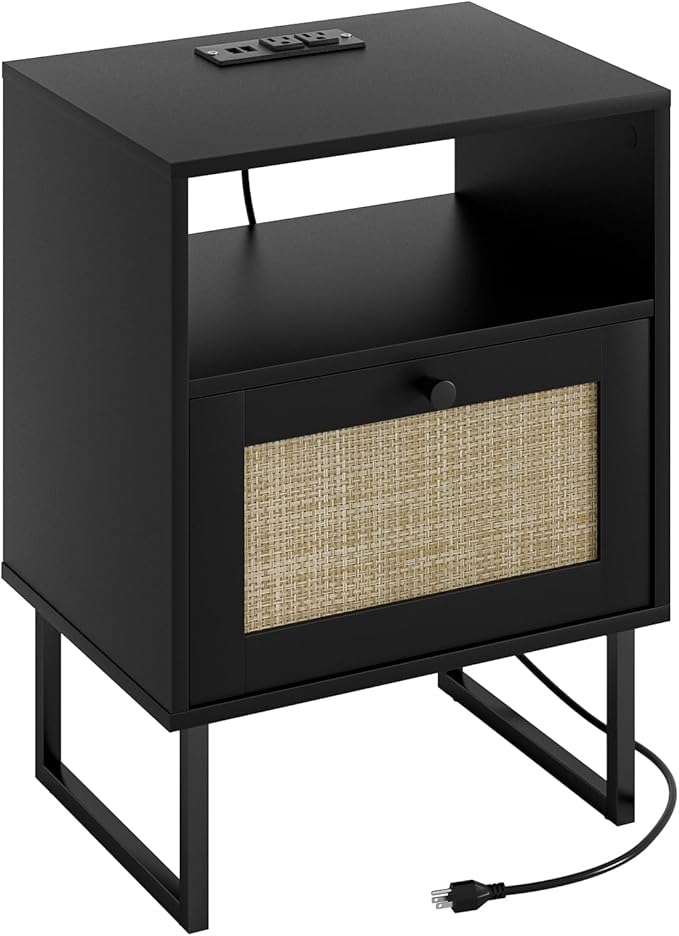Rattan Nightstand with Charging Station, Boho Night Stand Farmhouse Wood Bedside Table with Storage and Open Shelf, End Side Accent Table for Bedroom,Living Room,Black