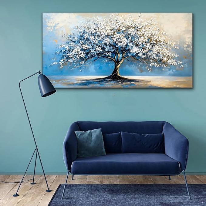 Contemporary Tree of Life Wall Art for Living Room Office Navy Blue White Floral Canvas Painting Prints Large Nature Artwork Over The Couch Bedroom Decor (23x46 Inches)