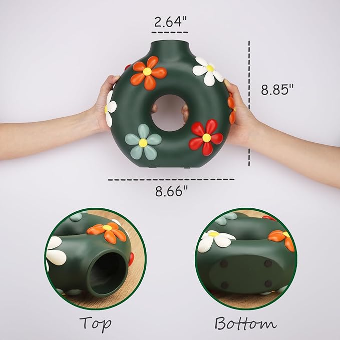 GUGUGO Colorful Cute Donut Vase for Flowers, Modern Boho Circle Flower Vase for Living Room Decor, Unique Decorative Hollow Round Flowers Vases, Eclectic Aesthetic Gardening Gifts, Dark Green