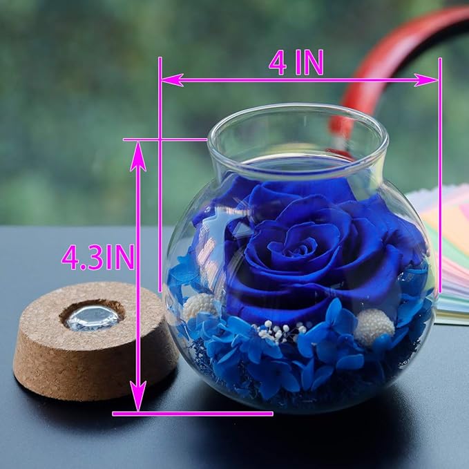 Preserved Real Roses with Colorful Mood Light Wishing Bottle, Eternal Rose，Never Withered Flowers, Table Decor,Christmas Anniversary Valentine's, Blue 4.3inch, 1pcs