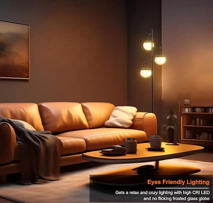 Fiqevs Mid Century Modern Floor Lamp with LED Bulbs, 3 Globe Standing Lamp with 3 Ribbed Clear Orb Shades, Black Tall Lamp for Living Room Bedroom Office