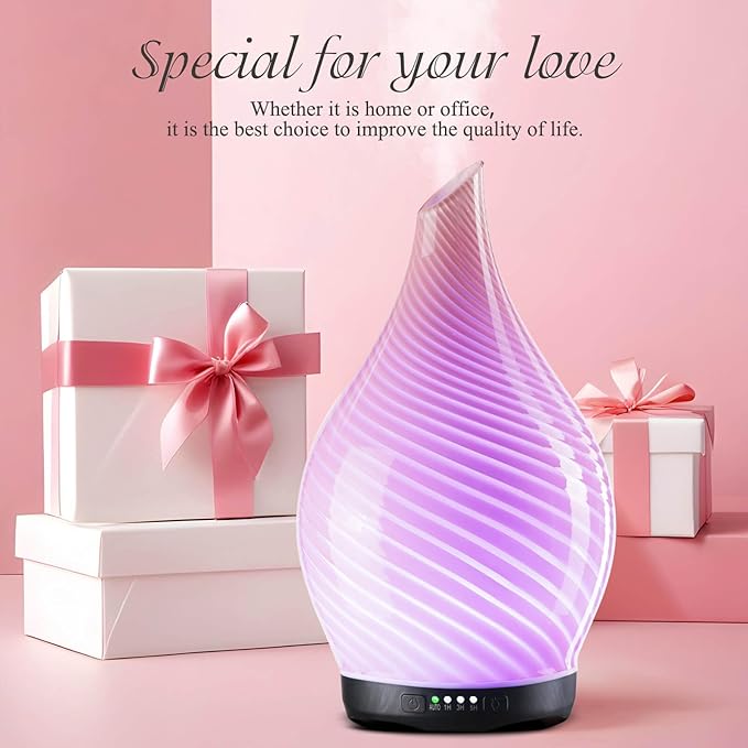 Porseme 280ml Essential Oil Diffuser Glass Color Changing Aroma Air Diffusers Aromatherapy Ultrasonic Cool Mist Humidifier 7 Running Hours Waterless Auto-Off for Sleeping, Yoga, Spa (Pure Pink)