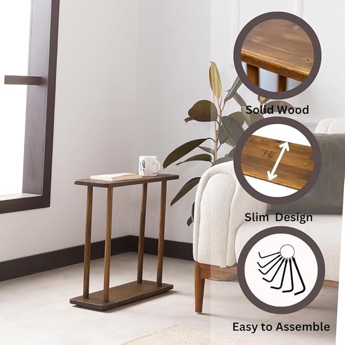 Rectangular Solid Wood Narrow Side Table, Skinny Bedside Table, Small End Table (Dark Walnut, Large)